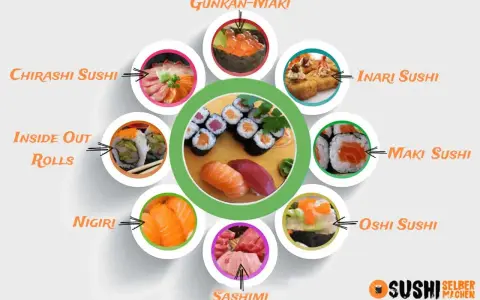 Vielfalt an Sushi-Arten: Nigiri, Maki, Sashimi, Chirashi, Gunkan, Inari, Oshi und Inside-Out-Rolls.
