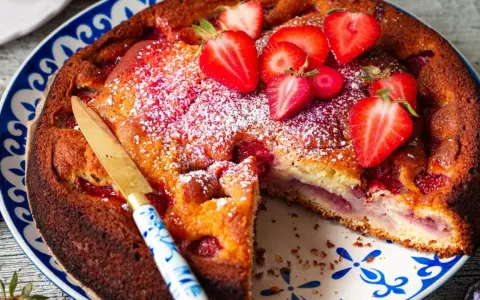 Saftiger Erdbeer Joghurt Kuchen, bestäubt mit Puderzucker und garniert mit frischen Erdbeeren. Ein Stück ist bereits angeschnitten.