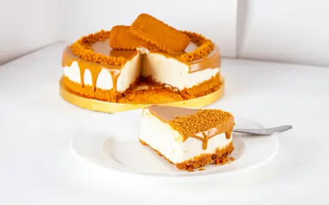 Ein Stück cremiger Lotus Cheesecake ohne Backen, mit Karamellglasiert und Keksbröseln bestreut.