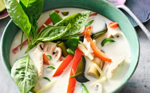 Tom Kha Gai, eine cremige Kokosmilchsuppe mit Hühnchen, Pilzen und Gemüse. Der Unterschied zu Tom Yam Gai liegt in der Kokosmilch.