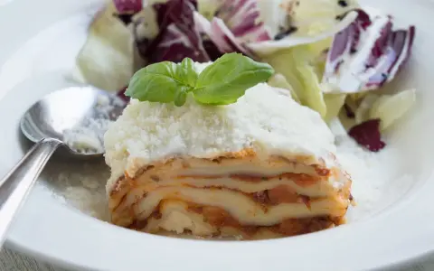 Ein Stück Lasagne mit Schmand, garniert mit Basilikum und Parmesan, serviert mit einem Salat.