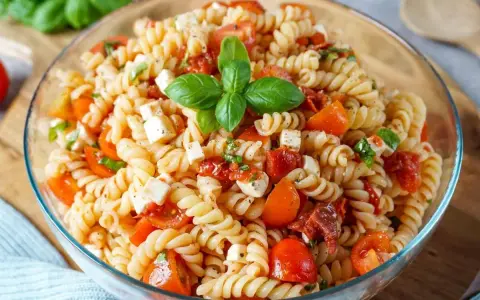 Ein köstlicher mediterraner Nudelsalat mit Fusilli, Kirschtomaten, Mozzarella und Basilikum, garniert mit frischen Basilikumblättern.