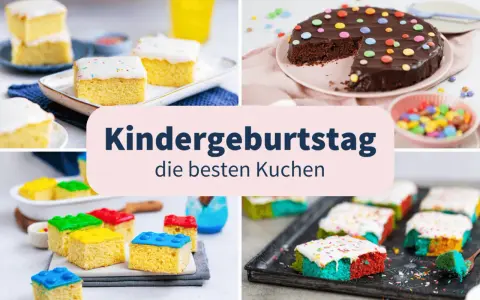 Bunte Kuchen für Kindergeburtstage: Kleine, bunte Kuchenstücke und ein Schokoladenkuchen mit bunten Smarties.