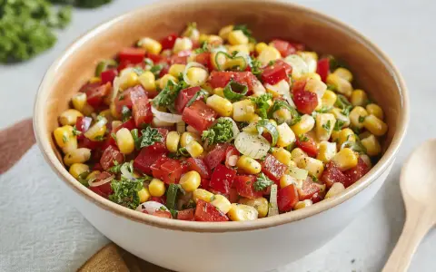 Bunter Paprika Mais Salat mit Tomaten, Zwiebeln und Kräutern in einer Schüssel.