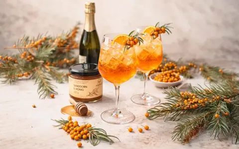 Zwei leuchtend orangefarbene Sanddorn Spritz-Cocktails mit Eis, garniert mit Orangenscheiben und Sanddornzweigen. Daneben ein Glas Sanddorn & Honig.