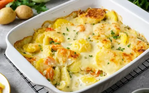 Kartoffeln mal anders: Cremiger Kartoffelauflauf mit Möhren und Erbsen, überbacken mit Käse und garniert mit Petersilie.