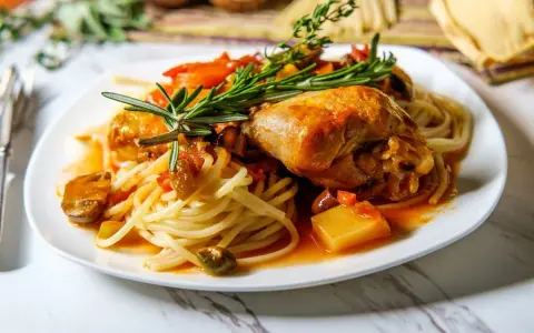 Deftig pollo alla cacciatora mit Spaghetti, garniert mit Rosmarin.