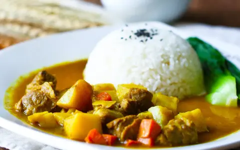 Ein Teller mit Reis und einem herzhaften Curry, das an seine Ursprünge in Indien erinnert.