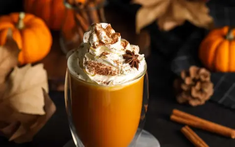 Ein cremiger, warmer Genuss: Pumpkin Spice Latte ohne Kaffee, gekrönt mit Sahne, Zimt und Sternanis. Perfekt für gemütliche Herbsttage.
