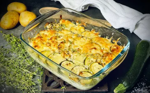 Goldbrauner Zucchini-Kartoffel-Auflauf mit Käse überbacken, garniert mit frischem Thymian. Daneben liegen Kartoffeln und eine Zucchini.