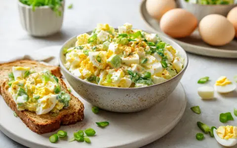 Cremiger Eiersalat mit Joghurt, garniert mit Frühlingszwiebeln, auf einer Scheibe Toastbrot. Daneben eine Schüssel voller Salat und einige gekochte Eier.