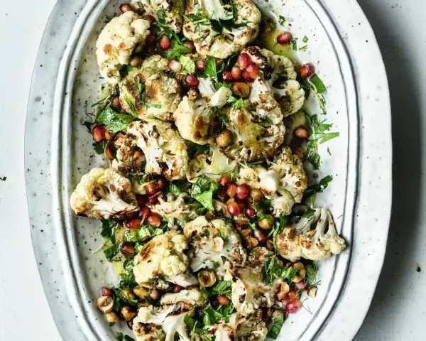 Gegarter Blumenkohlsalat mit Granatapfelkernen und Kräutern, inspiriert von leckeren gekochter blumenkohlsalat rezepte.