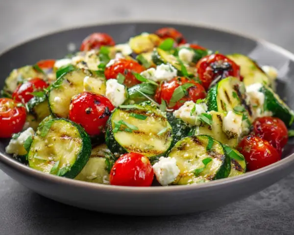 Ein köstlicher zucchini salat gebraten mit Kirschtomaten und Feta.
