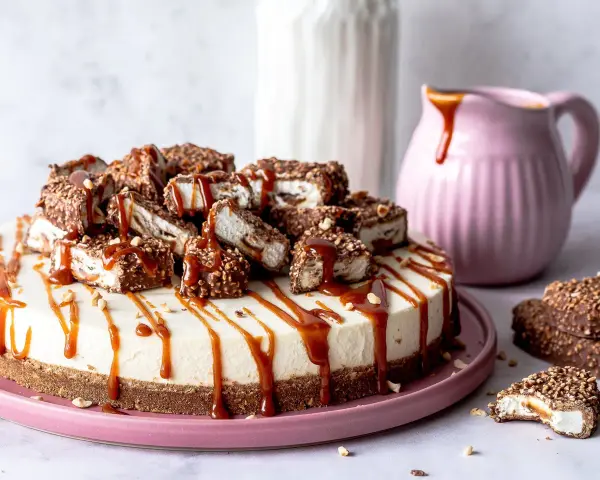 Ein cremiger Käsekuchen, dekoriert mit karamellisierten Maxi King Stücken und Karamellsauce. Ein Traum für jeden Kuchenliebhaber!