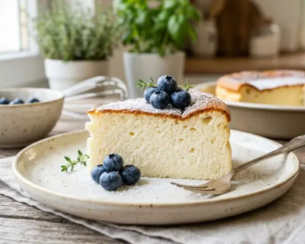 Ein Stück luftiger Kuchen mit Joghurt, garniert mit Blaubeeren und Puderzucker, auf einem Teller mit einer Gabel.