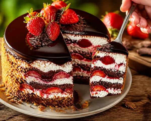 Ein saftiger Erdbeer Schoko Kuchen mit frischen Erdbeeren und Schokoladenglasur. Ein Stück wird gerade herausgenommen.