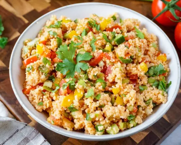 Frischer Couscous Salat mit Tomaten, Paprika und Petersilie, garniert mit einem Petersilienblatt.