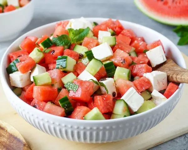Erfrischender Wassermelone Feta Salat mit Gurke und Minze in einer weißen Schüssel, bereit zum Servieren.