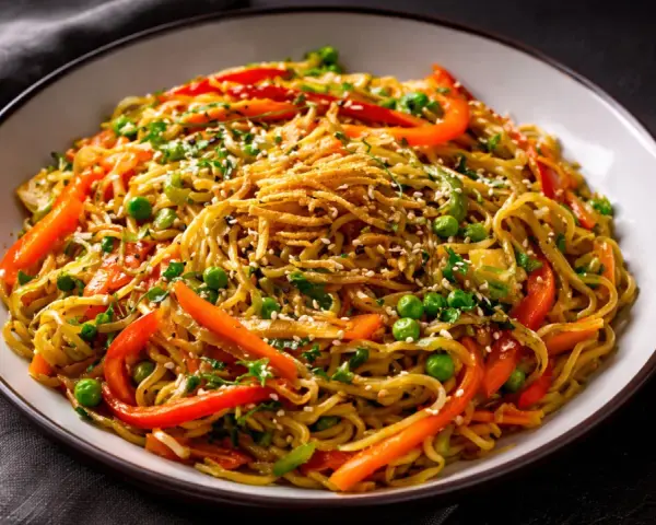 Ein Teller mit gebratenen Asia Noodles, garniert mit Erbsen, Paprika und Sesam. Ein köstliches Rezept für gebratene Asia Noodles.