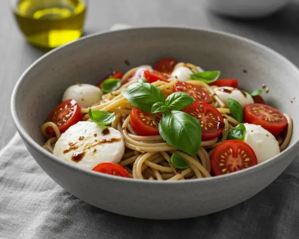 Spaghettisalat mit Knoblauch, Kirschtomaten und Mozzarella-Kugeln, garniert mit Basilikum. Ein leichter Genuss.