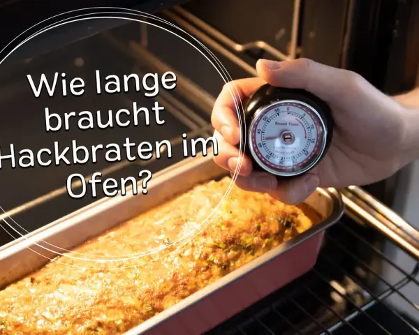 Ein Hackbraten gart im Ofen. Ein Timer wird bereitgehalten, um die Garzeit zu überwachen. Wie lange braucht Hackbraten im Ofen?