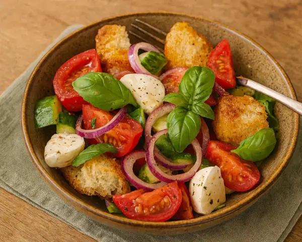Toskanischer Brotsalat original: Frische Tomaten, Gurken, rote Zwiebeln, Mozzarella und knusprige Brotwürfel mit Basilikum.