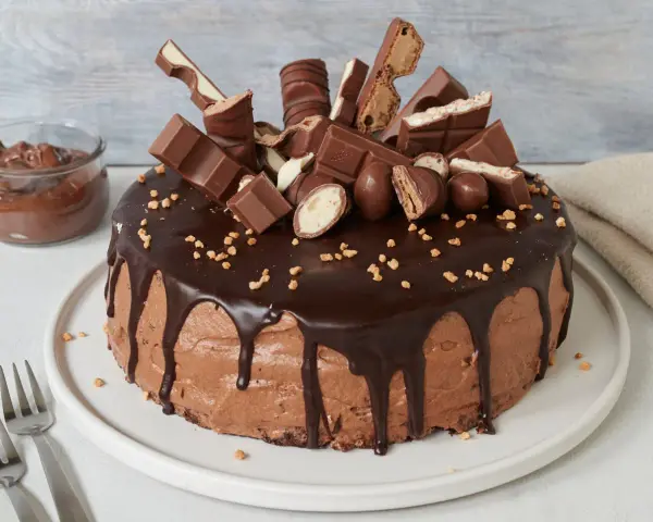 Schokoladentraum: Ein Kuchen, der Lust aufs Backen mit Nutella macht, dekoriert mit vielen Schokoriegeln und Pralinen.