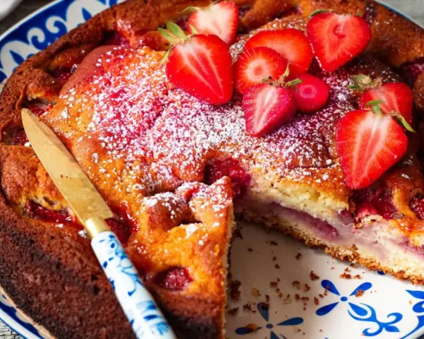 Saftiger Erdbeer Joghurt Kuchen, bestäubt mit Puderzucker und garniert mit frischen Erdbeeren. Ein Stück ist bereits angeschnitten.