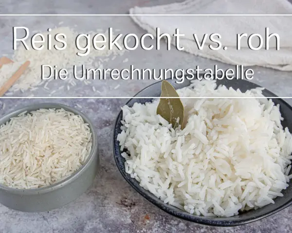 Reis gekocht vs. roh: Die Umrechnungstabelle hilft, die Reis Kalorien zu verstehen. Zwei Schüsseln Reis, eine roh, eine gekocht.