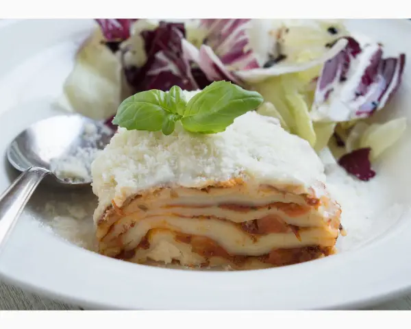 Ein Stück Lasagne mit Schmand, garniert mit Basilikum und Parmesan, serviert mit einem Salat.