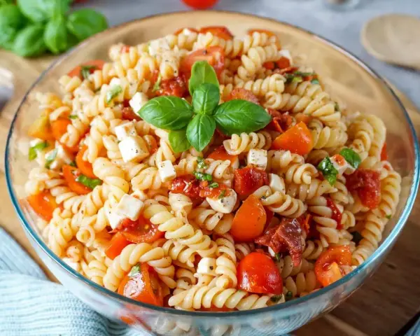 Ein köstlicher mediterraner Nudelsalat mit Fusilli, Kirschtomaten, Mozzarella und Basilikum, garniert mit frischen Basilikumblättern.