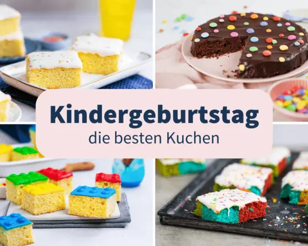 Bunte Kuchen für Kindergeburtstage: Kleine, bunte Kuchenstücke und ein Schokoladenkuchen mit bunten Smarties.