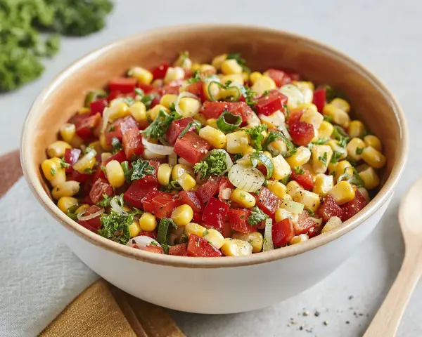 Bunter Paprika Mais Salat mit Tomaten, Zwiebeln und Kräutern in einer Schüssel.