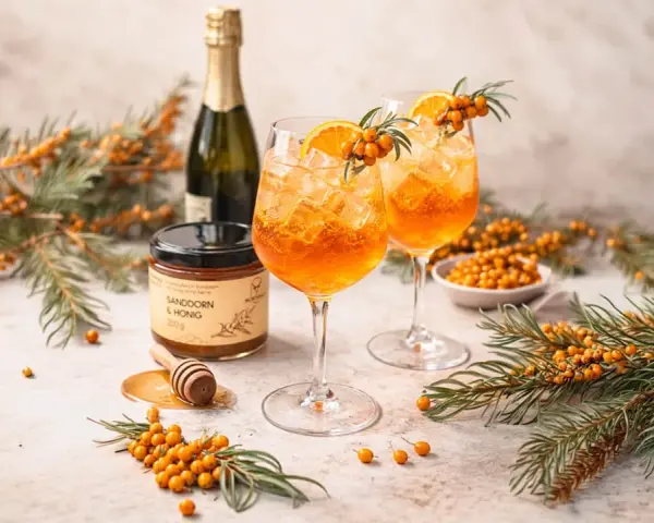 Zwei leuchtend orangefarbene Sanddorn Spritz-Cocktails mit Eis, garniert mit Orangenscheiben und Sanddornzweigen. Daneben ein Glas Sanddorn & Honig.