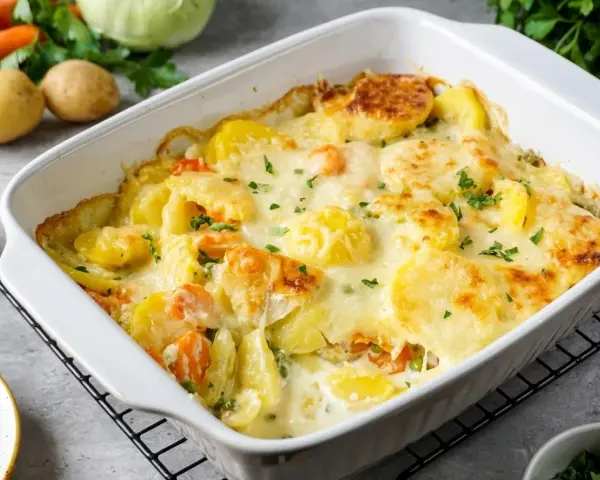 Kartoffeln mal anders: Cremiger Kartoffelauflauf mit Möhren und Erbsen, überbacken mit Käse und garniert mit Petersilie.