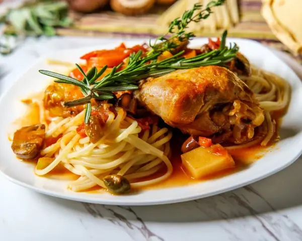 Deftig pollo alla cacciatora mit Spaghetti, garniert mit Rosmarin.