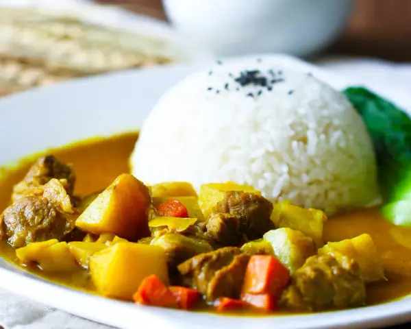 Ein Teller mit Reis und einem herzhaften Curry, das an seine Ursprünge in Indien erinnert.