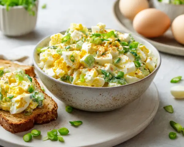 Cremiger Eiersalat mit Joghurt, garniert mit Frühlingszwiebeln, auf einer Scheibe Toastbrot. Daneben eine Schüssel voller Salat und einige gekochte Eier.