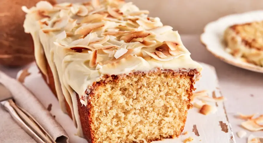 Saftiger Kuchen mit Kokosmilch, überzogen mit weißer Glasur und garniert mit gerösteten Kokoschips. Daneben eine Kokosnuss.