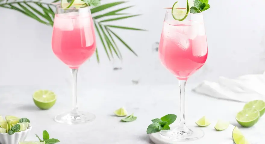 Zwei Sarti Spritz Cocktails mit Eis, Limettenscheiben und Minze, garniert mit einer Palmblatt-Deko.