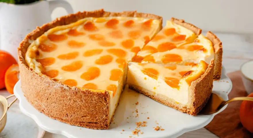 Ein saftiger Schmandkuchen mit Mandarinen, der auf einem weißen Tortenständer präsentiert wird. Ein Stück wurde bereits entnommen.