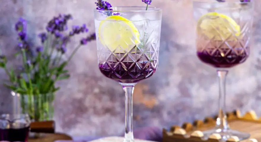 Erfrischender Lavendel Spritz mit Zitrone und Eis in eleganten Gläsern, garniert mit Lavendelblüten.