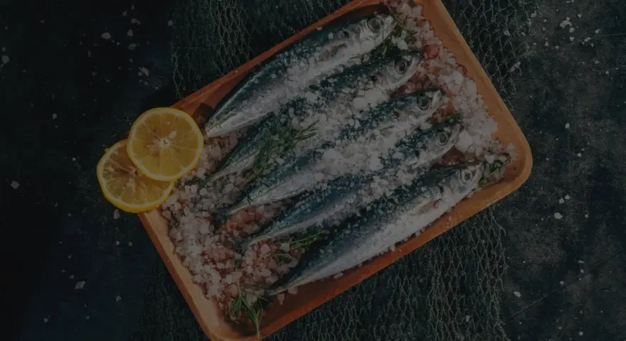 Frische Sardinen und Sardellen auf einem Holzbrett mit Zitrone und Kräutern, bereit für die Zubereitung. Der Unterschied zwischen Sardinen und Sardellen ist hier nicht ersichtlich.
