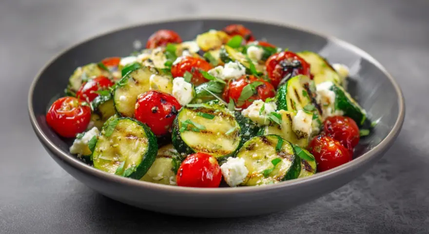 Ein köstlicher zucchini salat gebraten mit Kirschtomaten und Feta.