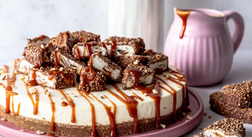Ein cremiger Käsekuchen, dekoriert mit karamellisierten Maxi King Stücken und Karamellsauce. Ein Traum für jeden Kuchenliebhaber!