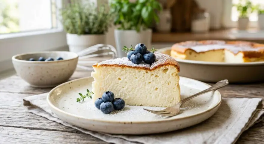 Ein Stück luftiger Kuchen mit Joghurt, garniert mit Blaubeeren und Puderzucker, auf einem Teller mit einer Gabel.