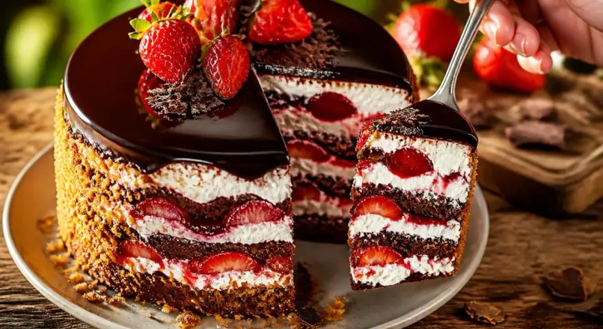 Ein saftiger Erdbeer Schoko Kuchen mit frischen Erdbeeren und Schokoladenglasur. Ein Stück wird gerade herausgenommen.
