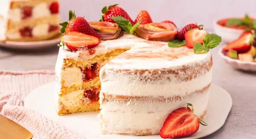 Eine köstliche Erdbeer Rhabarber Torte mit frischen Früchten und Sahne.