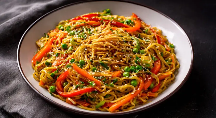 Ein Teller mit gebratenen Asia Noodles, garniert mit Erbsen, Paprika und Sesam. Ein köstliches Rezept für gebratene Asia Noodles.