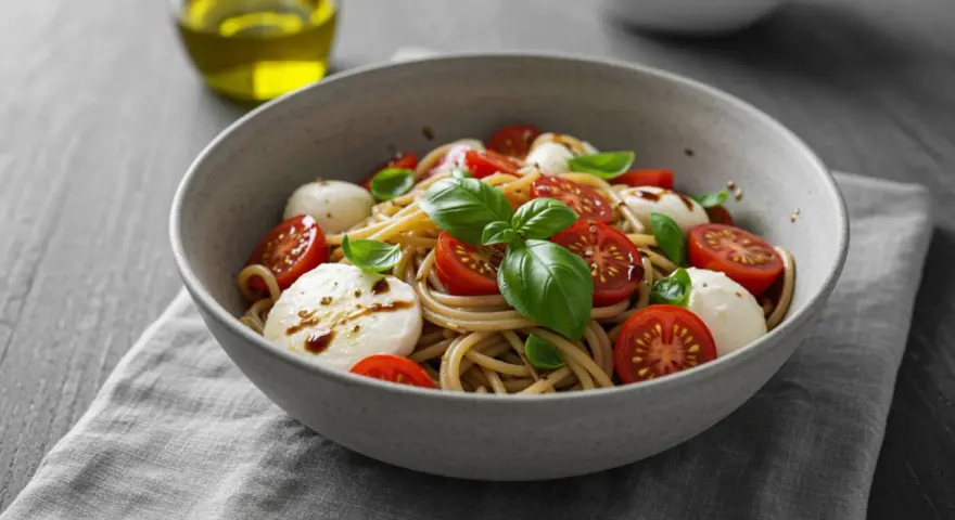 Spaghettisalat mit Knoblauch, Kirschtomaten und Mozzarella-Kugeln, garniert mit Basilikum. Ein leichter Genuss.